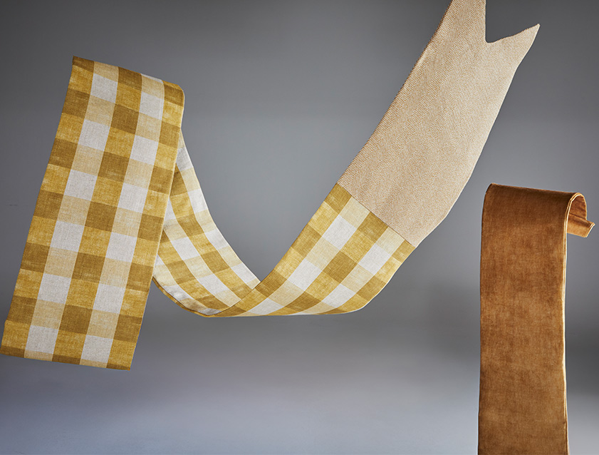 Ribbons in Spill Resistant Sussex Gingham with Roxburgh Herringbone and Almost Plain Velvet in shades of yellow